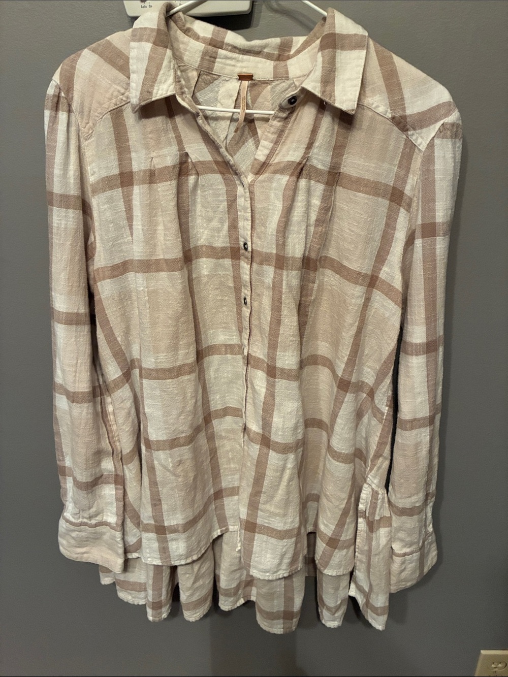 Free People Cream and Tan Plaid Button-Down Flowy Shirt